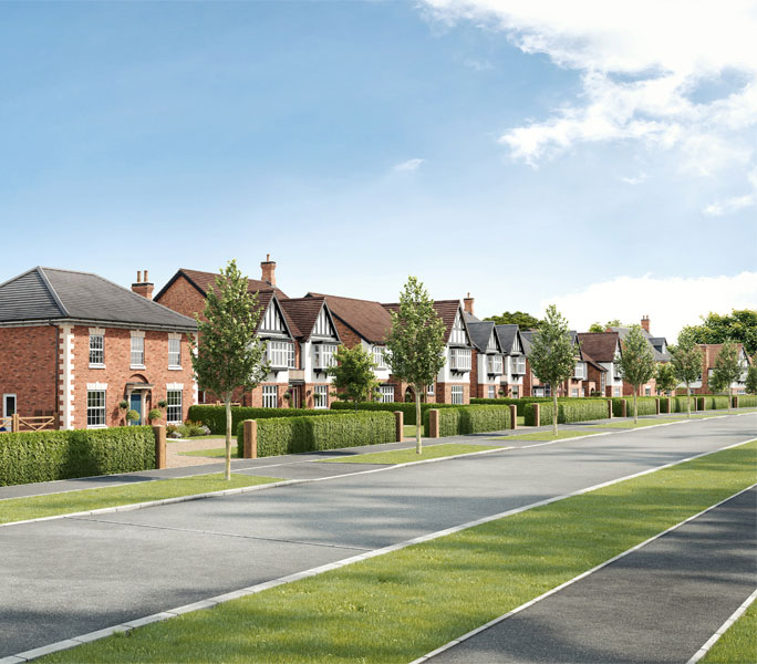 Residential street view with crafted homes